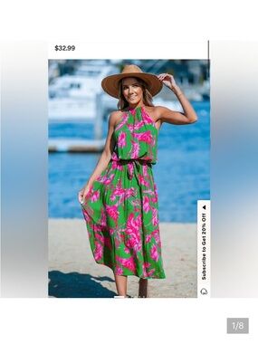 Green Tropical Halter Maxi Dress with Pink Floral Print